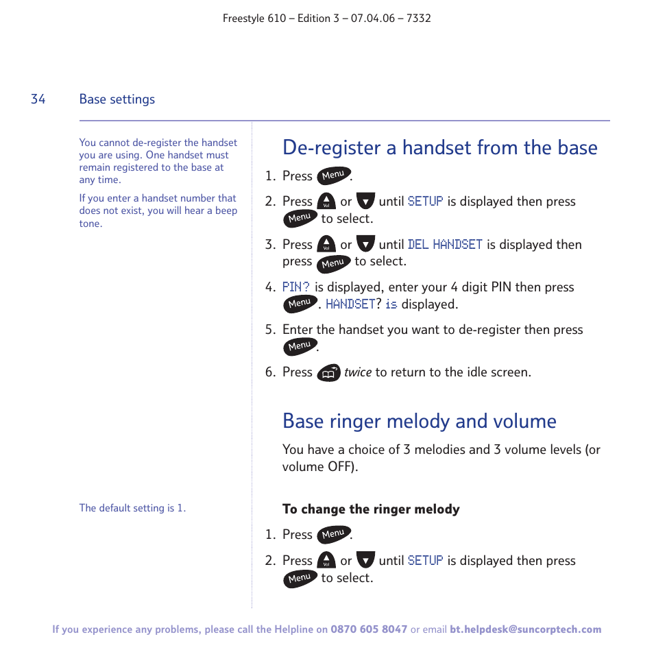 De-register a handset from the base, Base ringer melody and volume | BT 610 User Manual | Page 34 / 52