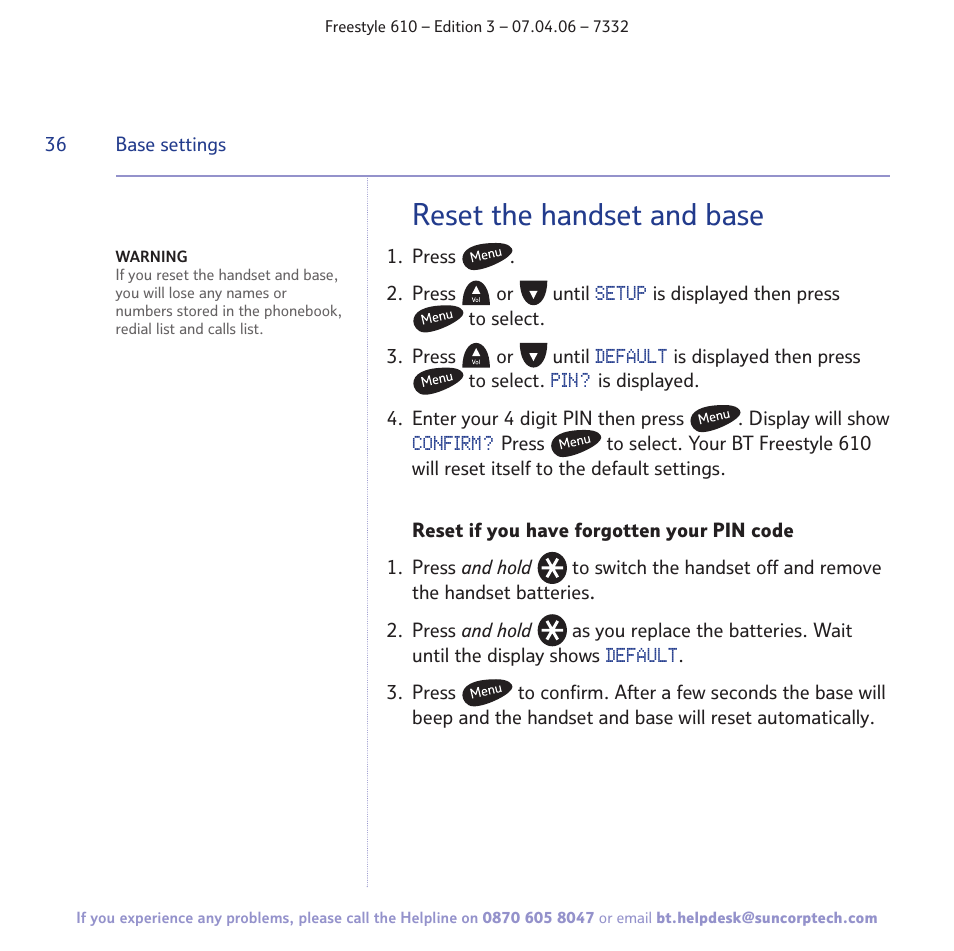 Reset the handset and base | BT 610 User Manual | Page 36 / 52