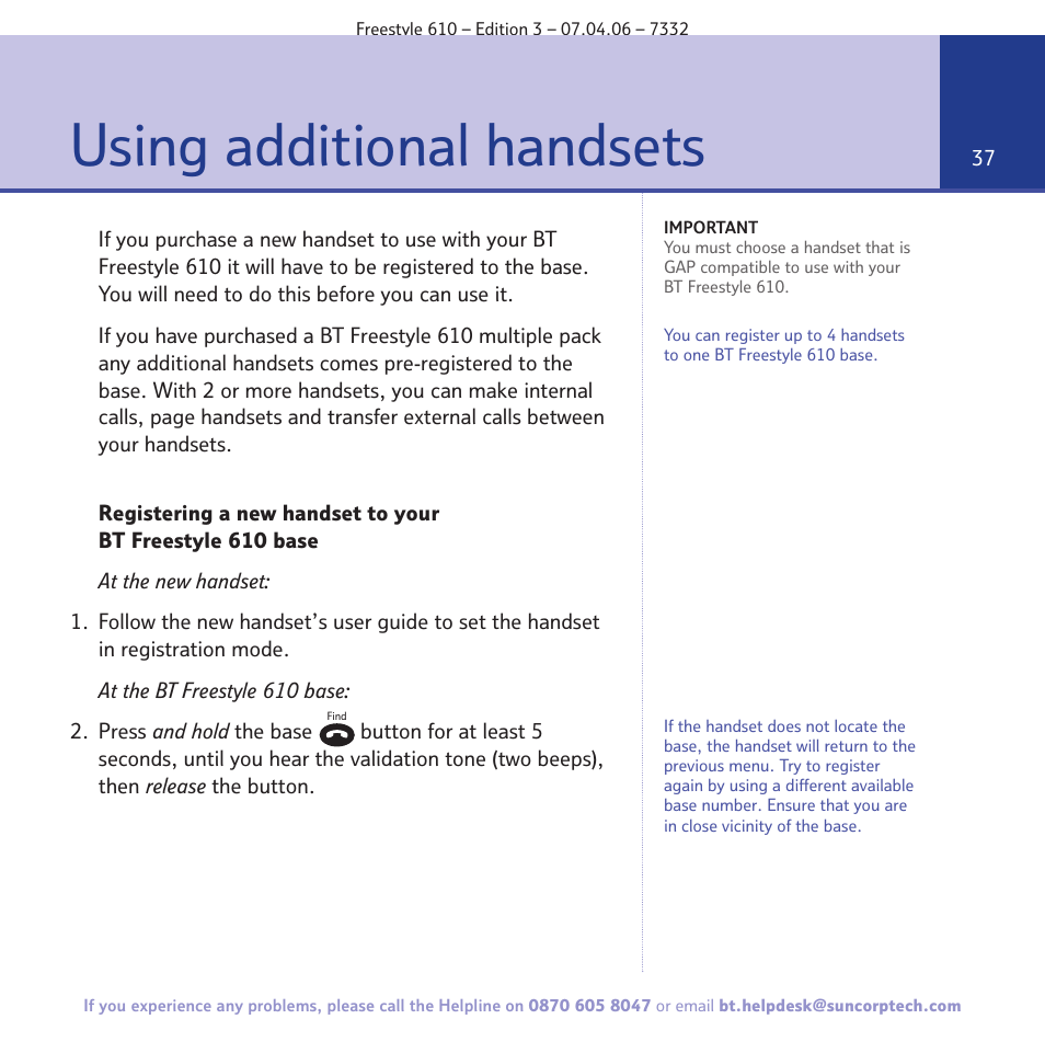 Using additional handsets | BT 610 User Manual | Page 37 / 52