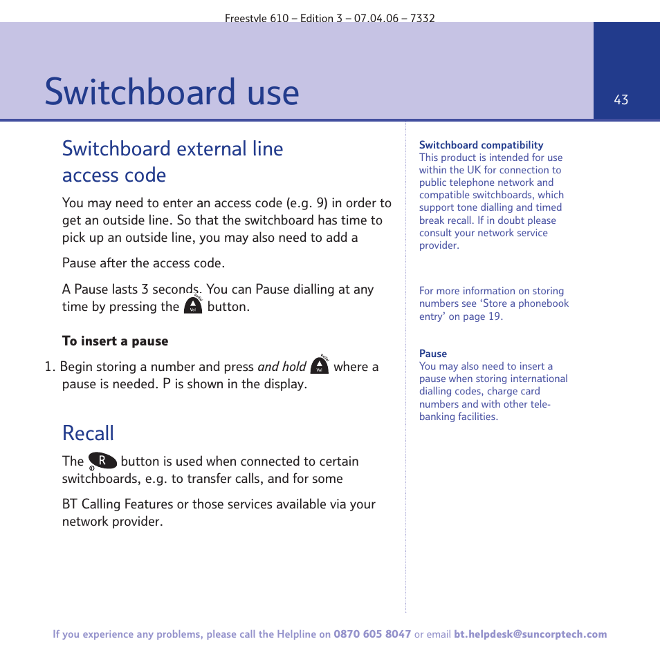 Switchboard use, Switchboard external line access code, Recall | BT 610 User Manual | Page 43 / 52