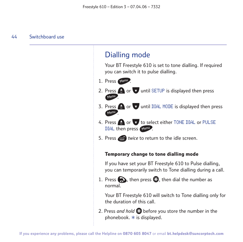 Dialling mode | BT 610 User Manual | Page 44 / 52