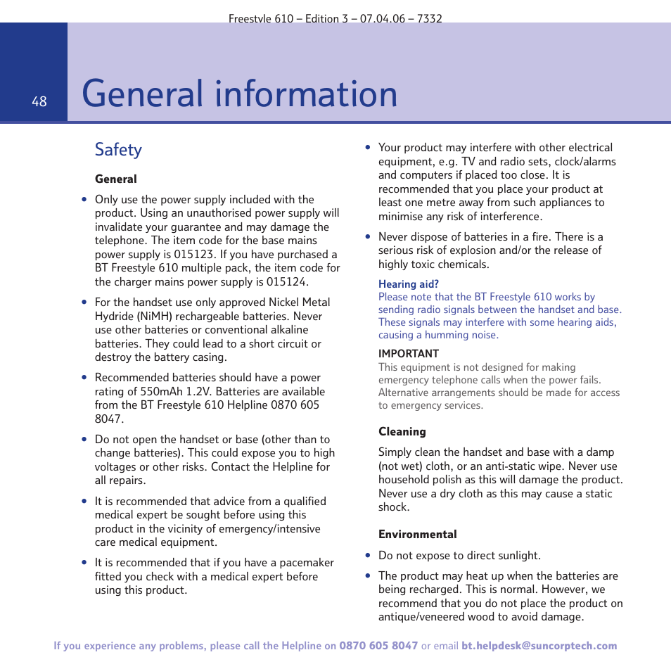 General information, Safety | BT 610 User Manual | Page 48 / 52