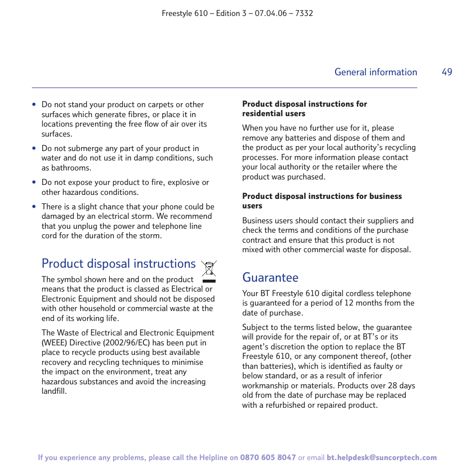 Product disposal instructions, Guarantee | BT 610 User Manual | Page 49 / 52