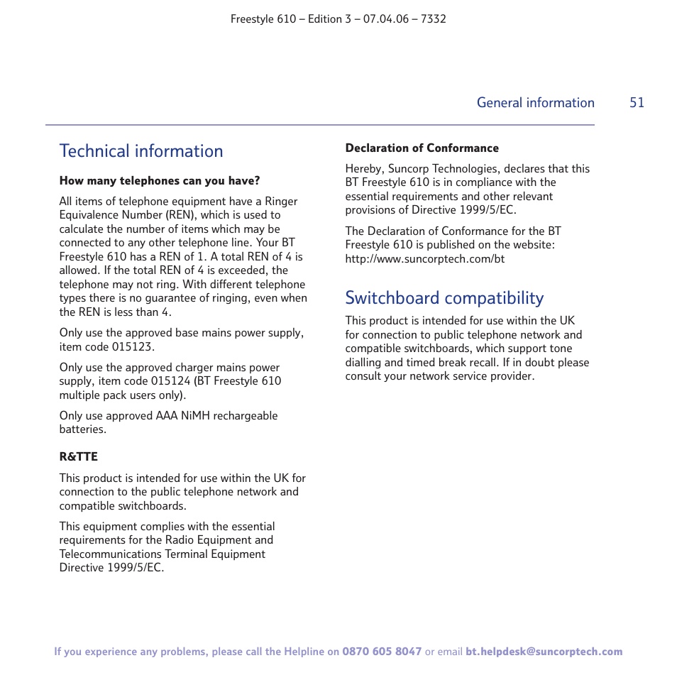 Technical information, Switchboard compatibility | BT 610 User Manual | Page 51 / 52