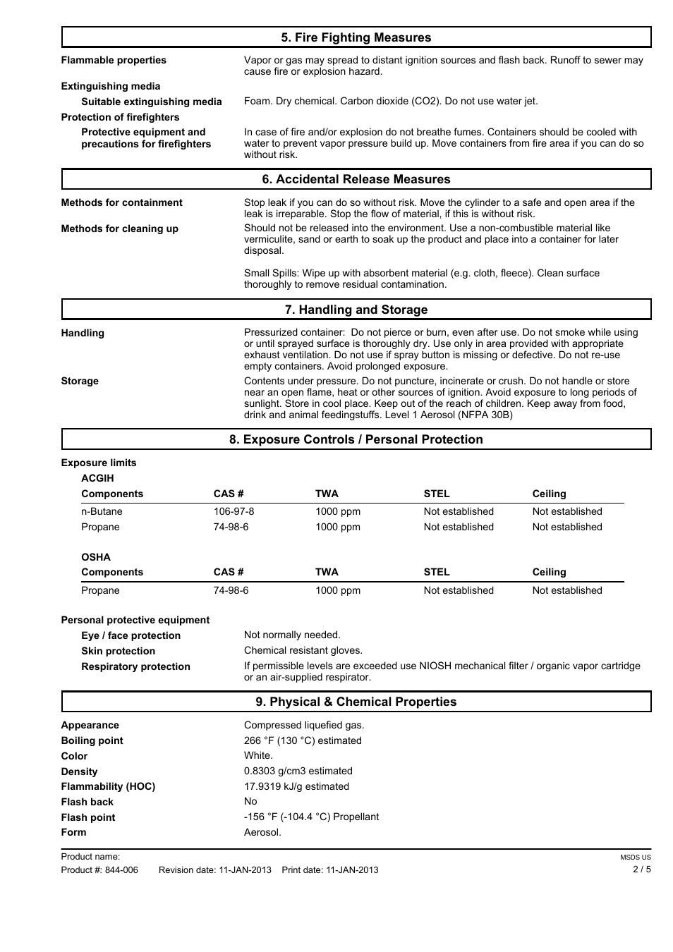 Fire fighting measures, Accidental release measures, Handling and storage | Exposure controls / personal protection, Physical & chemical properties | Pro-Link STAINLESS STEEL POLISH & CLEANER KA006 EN User Manual | Page 2 / 5
