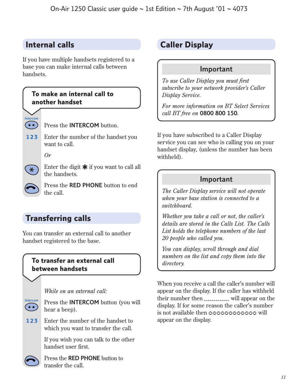 Caller display, Transferring calls, Internal calls | Important | BT 1250 Classic User Manual | Page 11 / 34