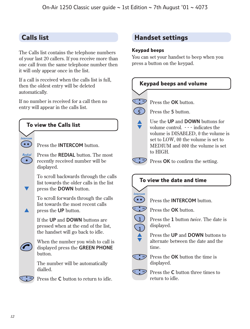 Handset settings, Calls list, Keypad beeps and volume | BT 1250 Classic User Manual | Page 12 / 34