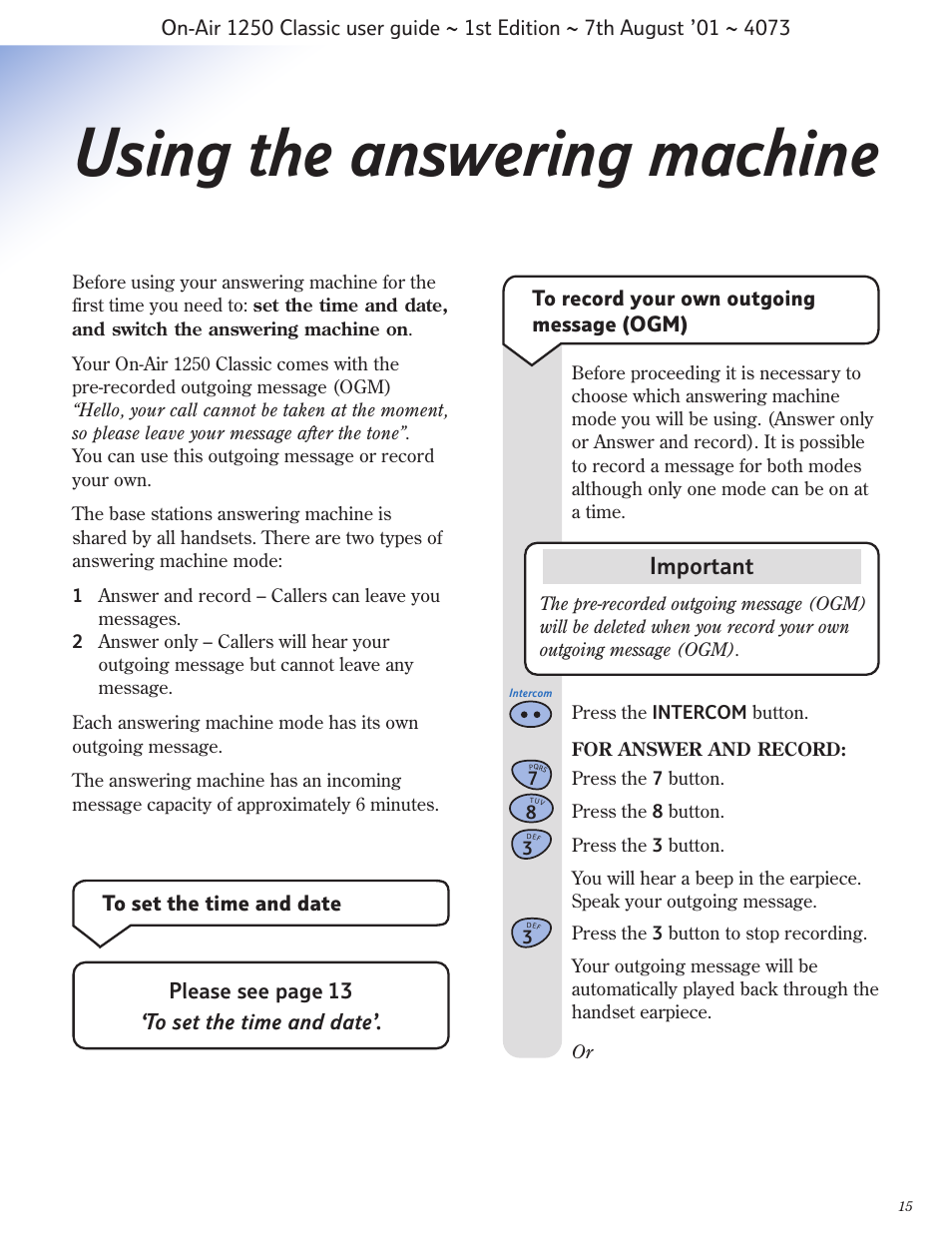 Using the answering machine, Important | BT 1250 Classic User Manual | Page 15 / 34