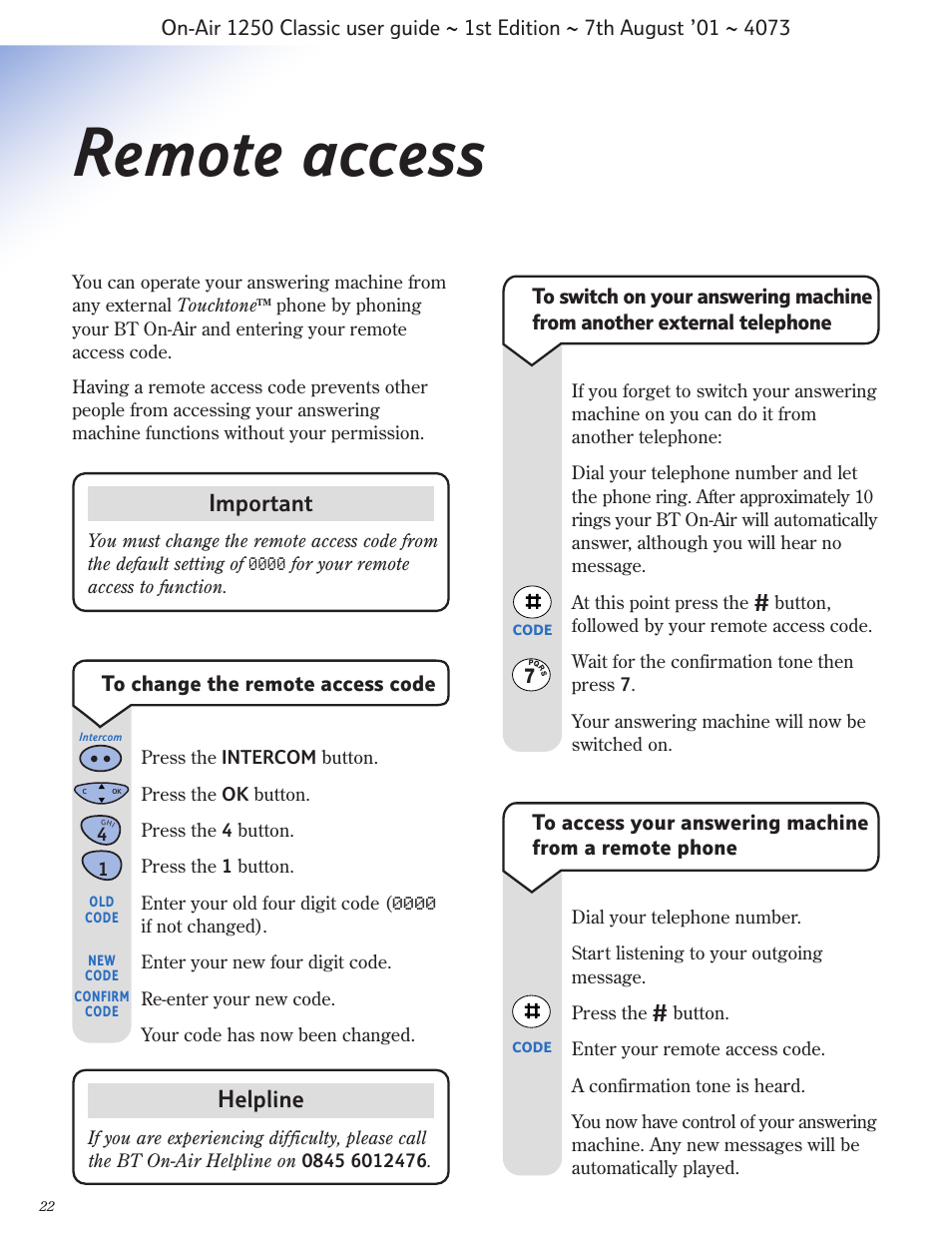 Remote access, Important, Helpline | BT 1250 Classic User Manual | Page 22 / 34