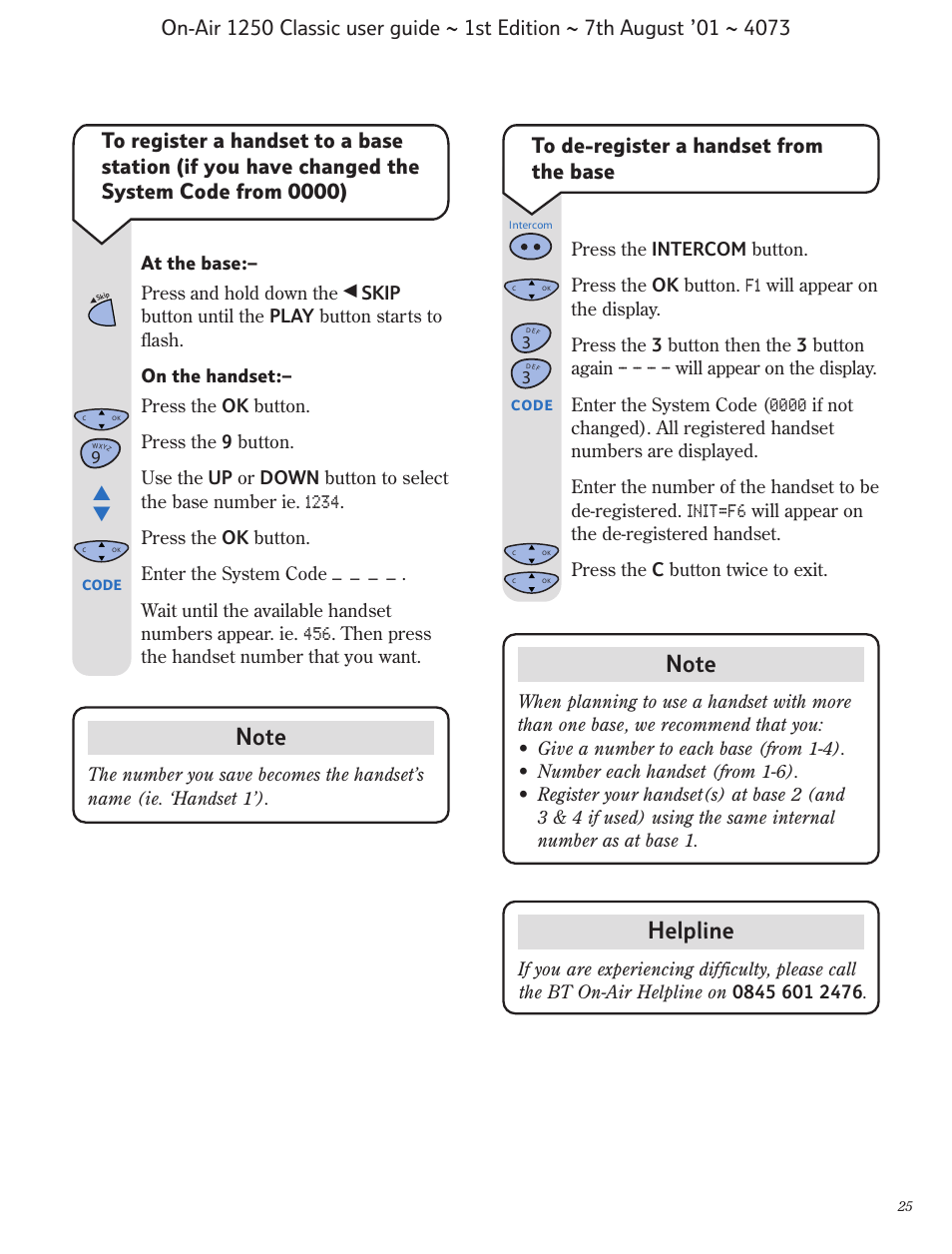 Helpline, At the base:– press and hold down the | BT 1250 Classic User Manual | Page 25 / 34