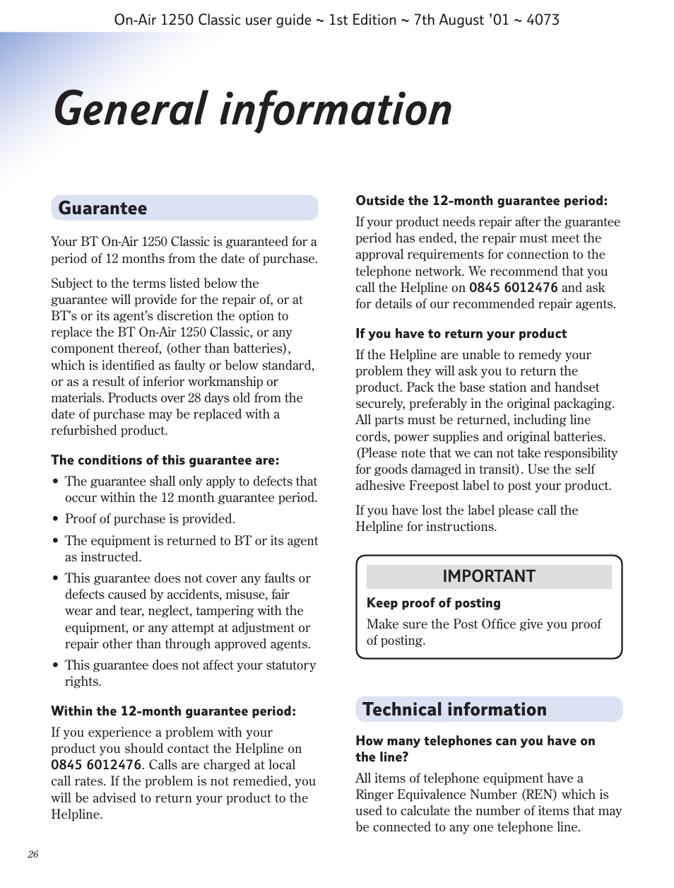 General information, Guarantee technical information | BT 1250 Classic User Manual | Page 26 / 34