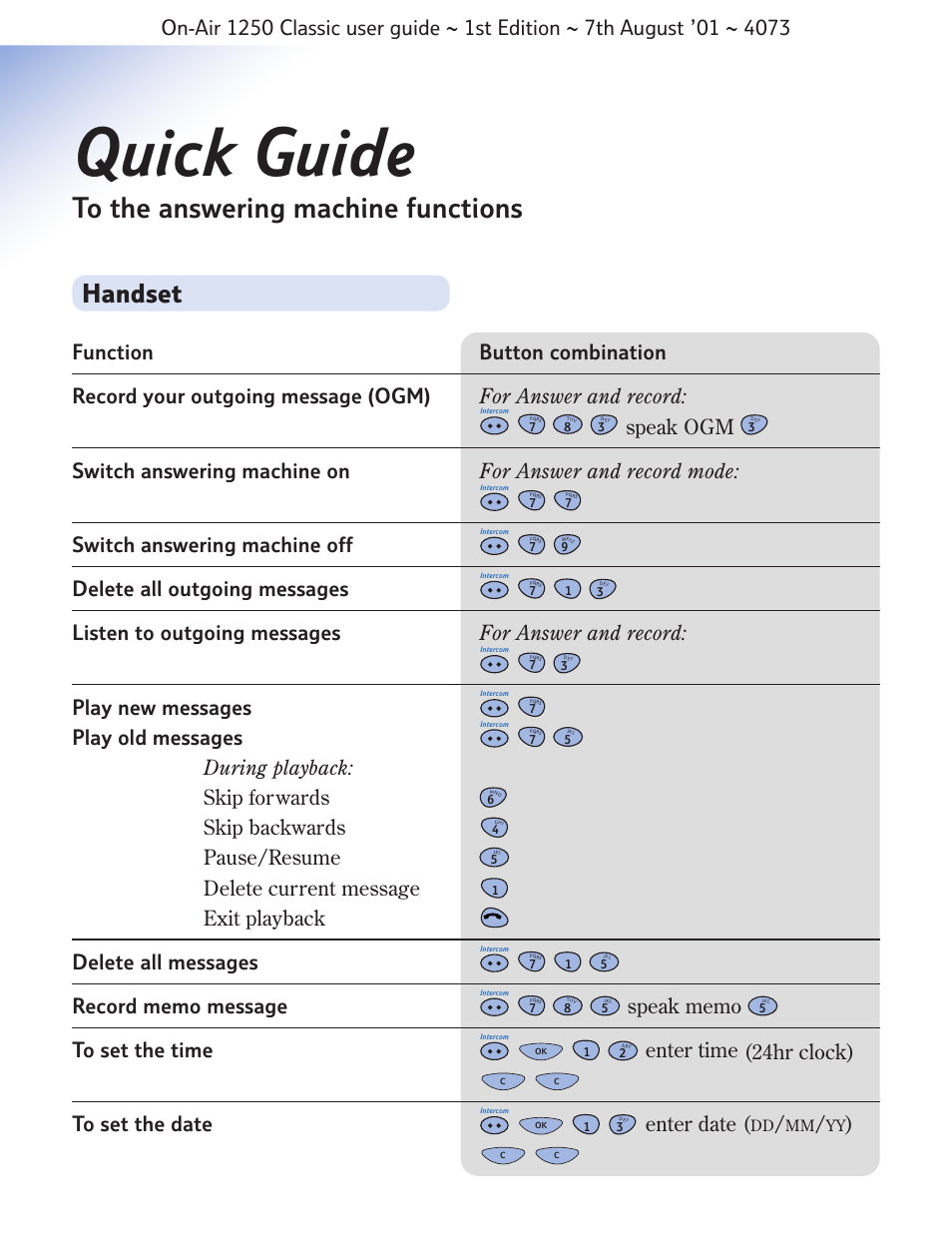 Quick guide, Handset | BT 1250 Classic User Manual | Page 33 / 34
