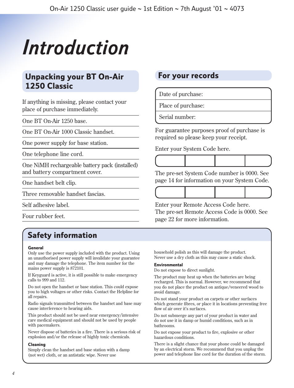Introduction, For your records, Unpacking your bt on-air 1250 classic | Safety information | BT 1250 Classic User Manual | Page 4 / 34
