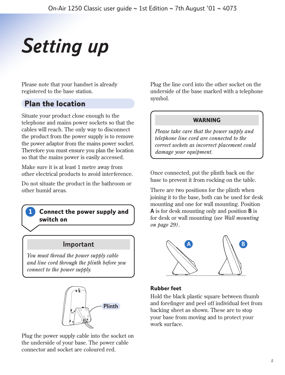 Setting up, Plan the location | BT 1250 Classic User Manual | Page 5 / 34