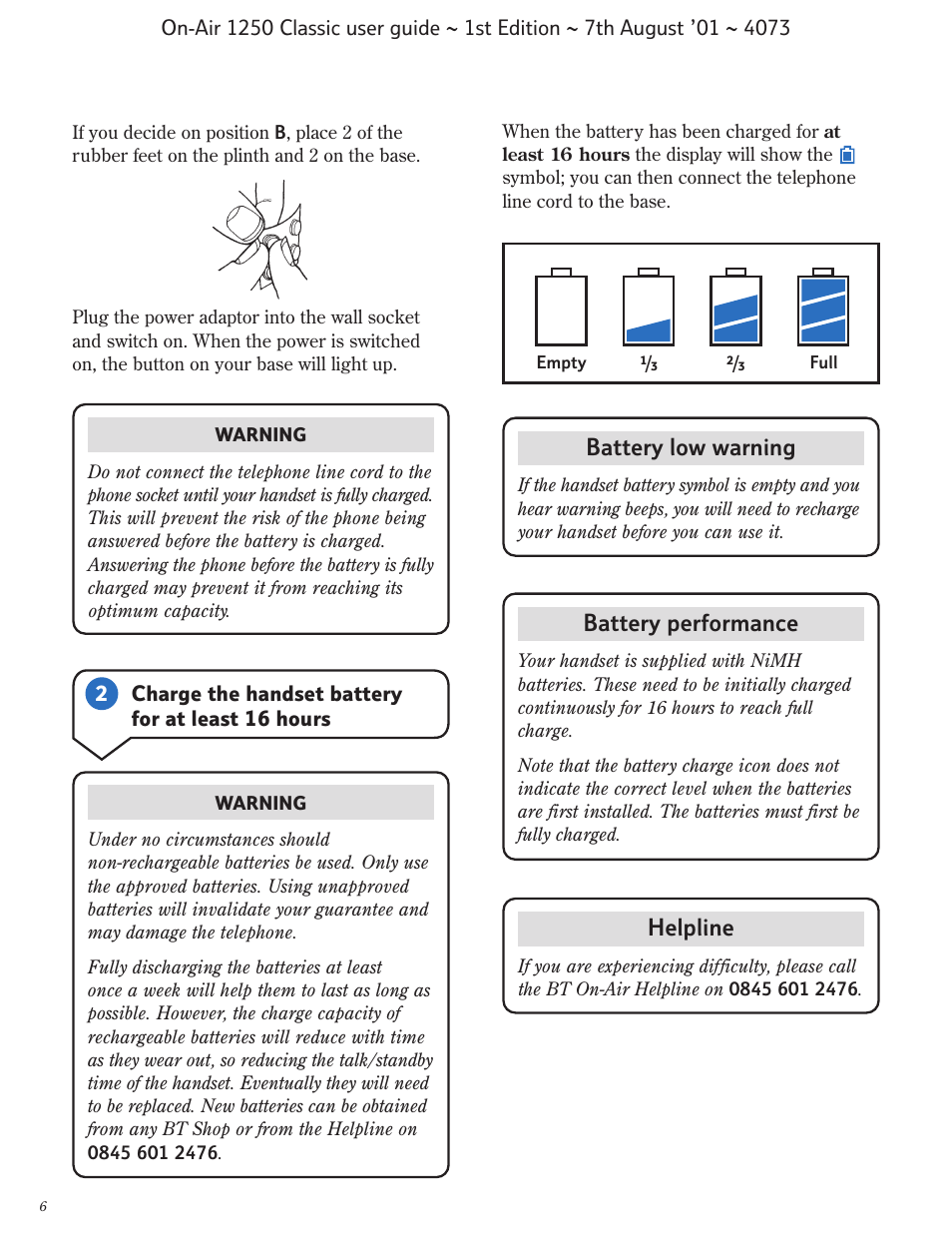 Battery low warning, Helpline, Battery performance | BT 1250 Classic User Manual | Page 6 / 34