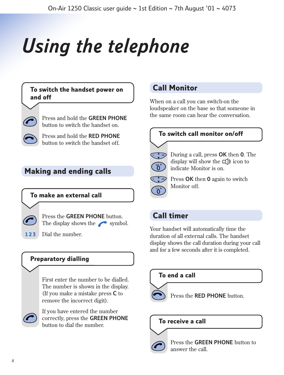 Using the telephone, Making and ending calls call timer, Call monitor | BT 1250 Classic User Manual | Page 8 / 34