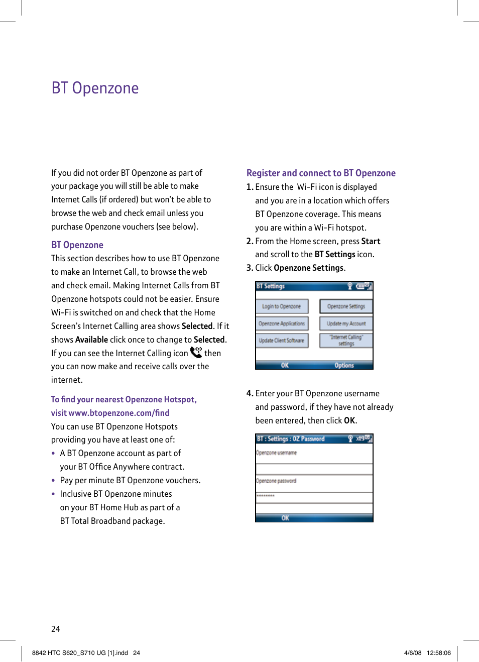 Bt openzone | BT HTC S710 User Manual | Page 24 / 48