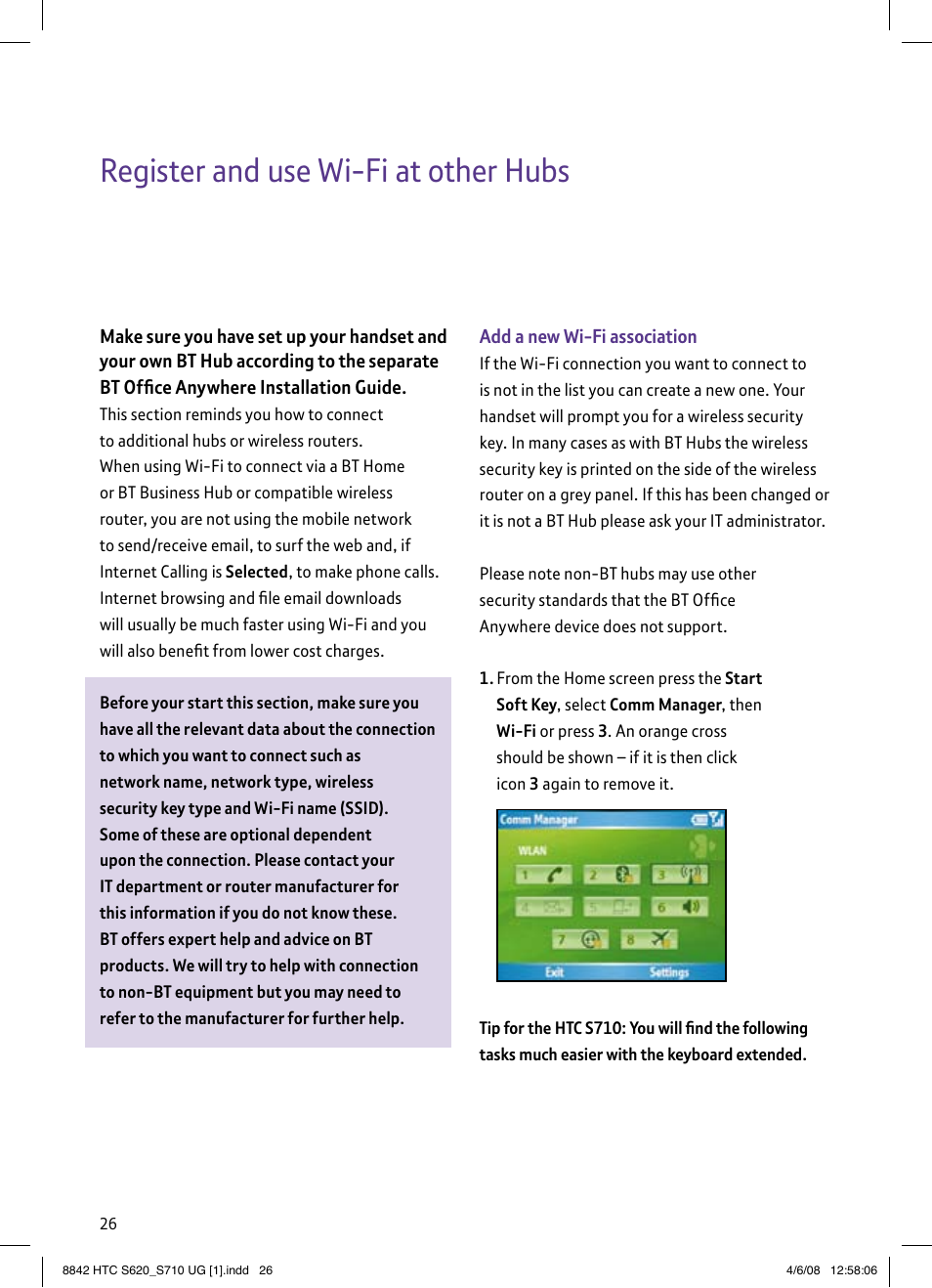 Register and use wi-fi at other hubs | BT HTC S710 User Manual | Page 26 / 48