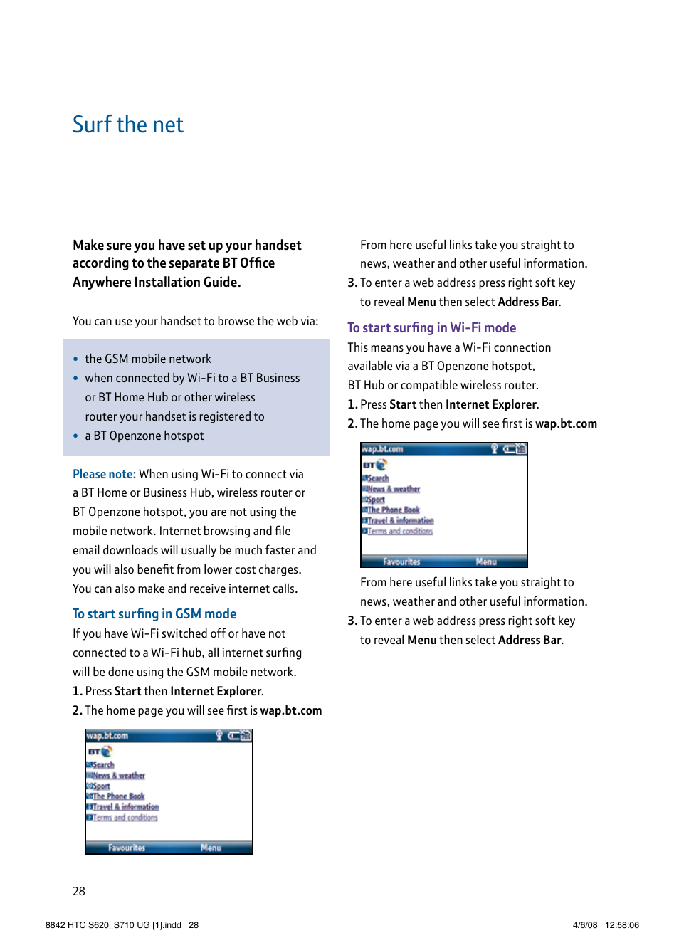 Surf the net | BT HTC S710 User Manual | Page 28 / 48