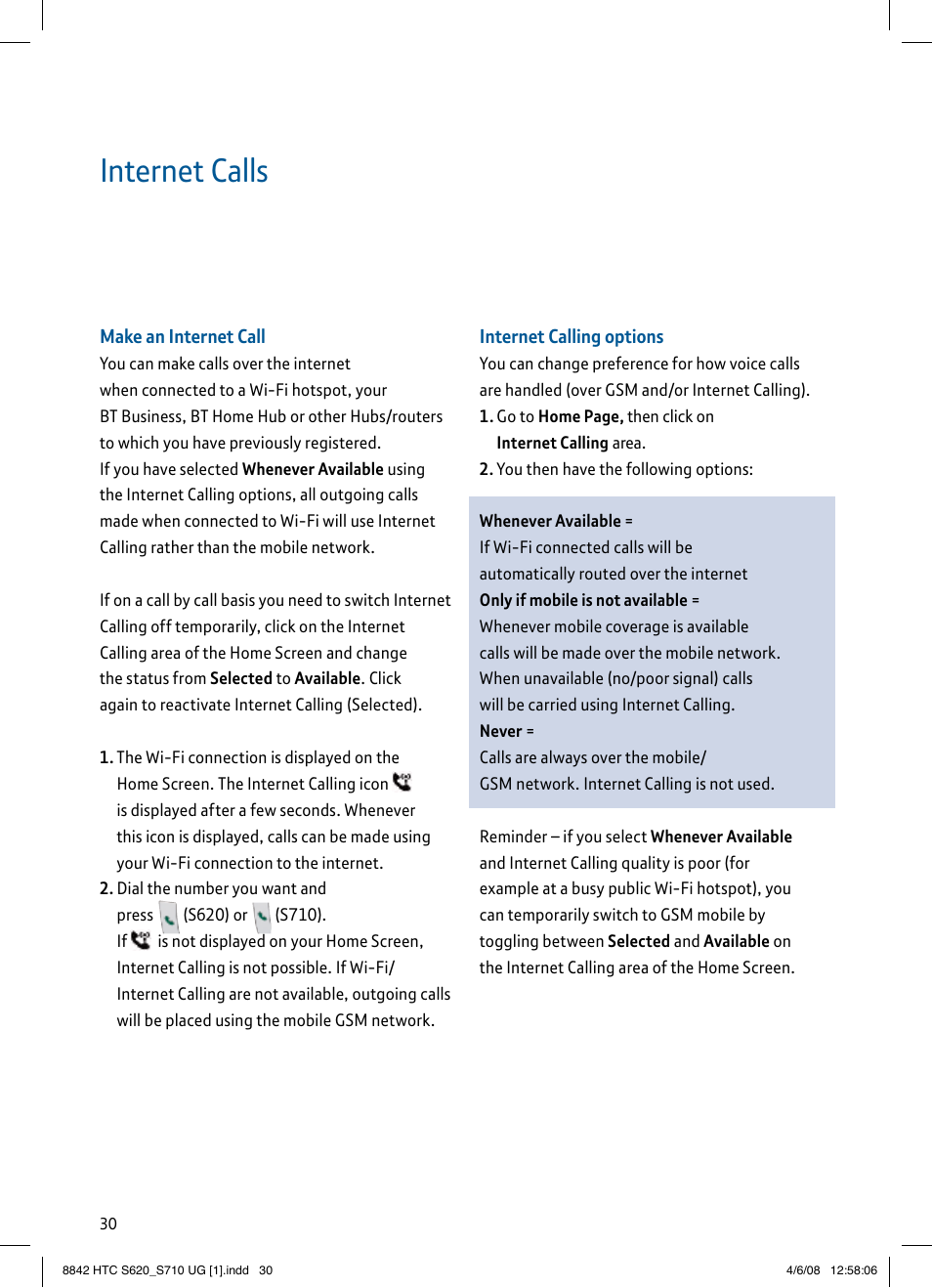 Internet calls | BT HTC S710 User Manual | Page 30 / 48