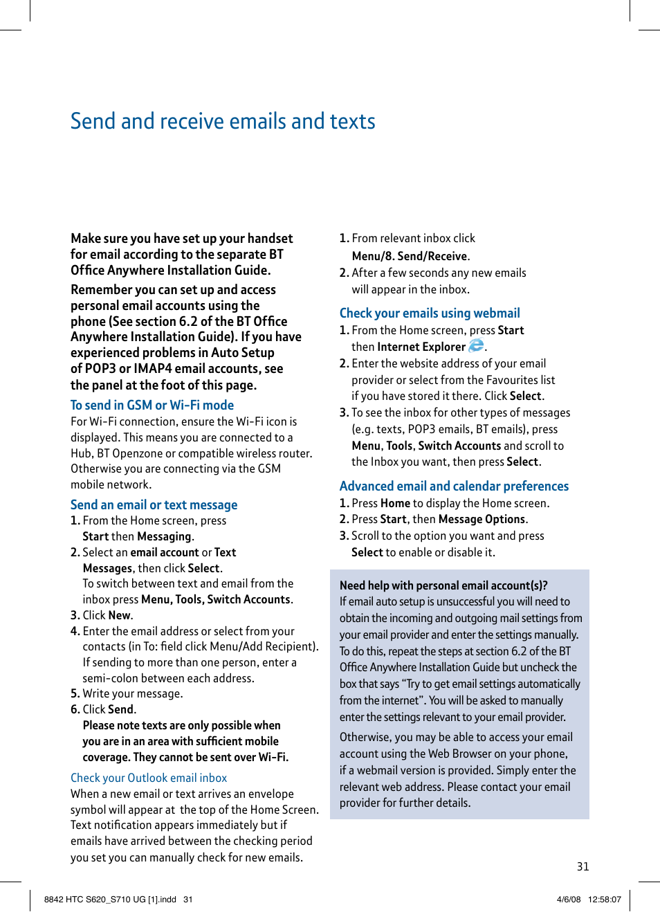 Send and receive emails and texts | BT HTC S710 User Manual | Page 31 / 48
