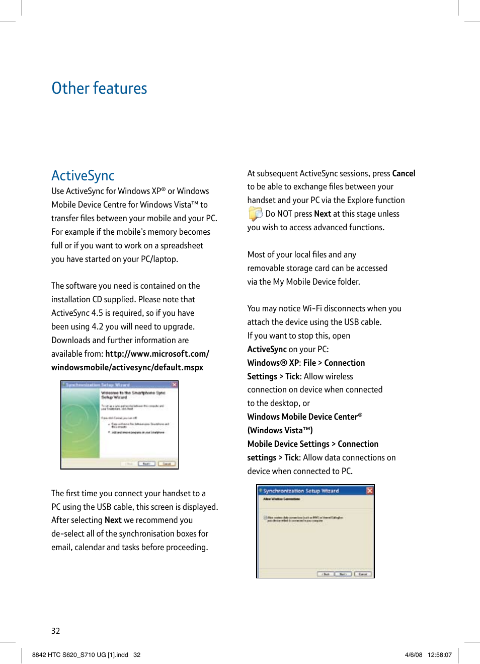 Other features, Activesync | BT HTC S710 User Manual | Page 32 / 48