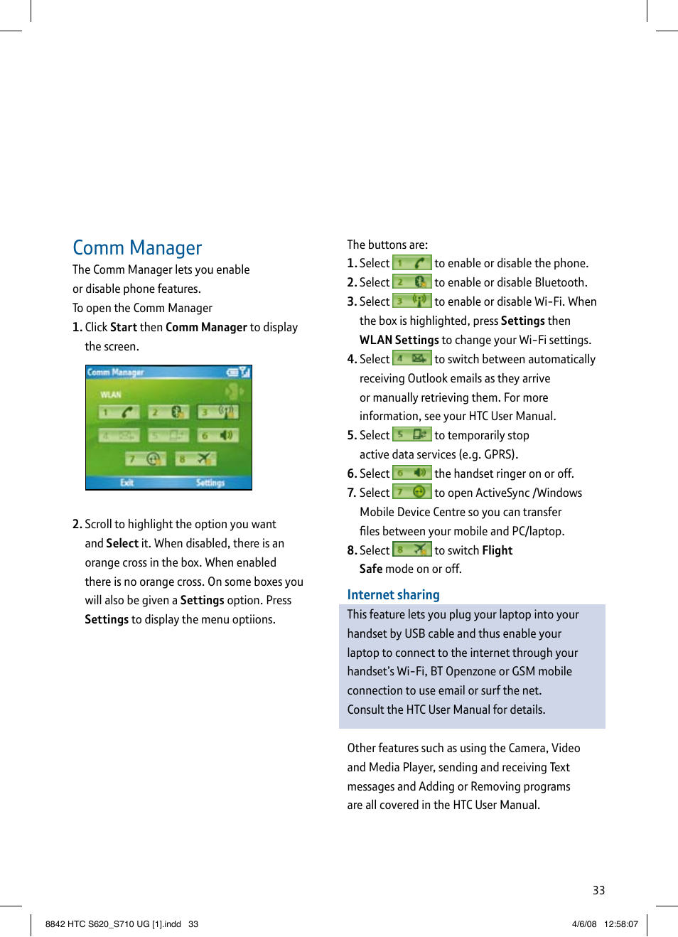 Comm manager | BT HTC S710 User Manual | Page 33 / 48