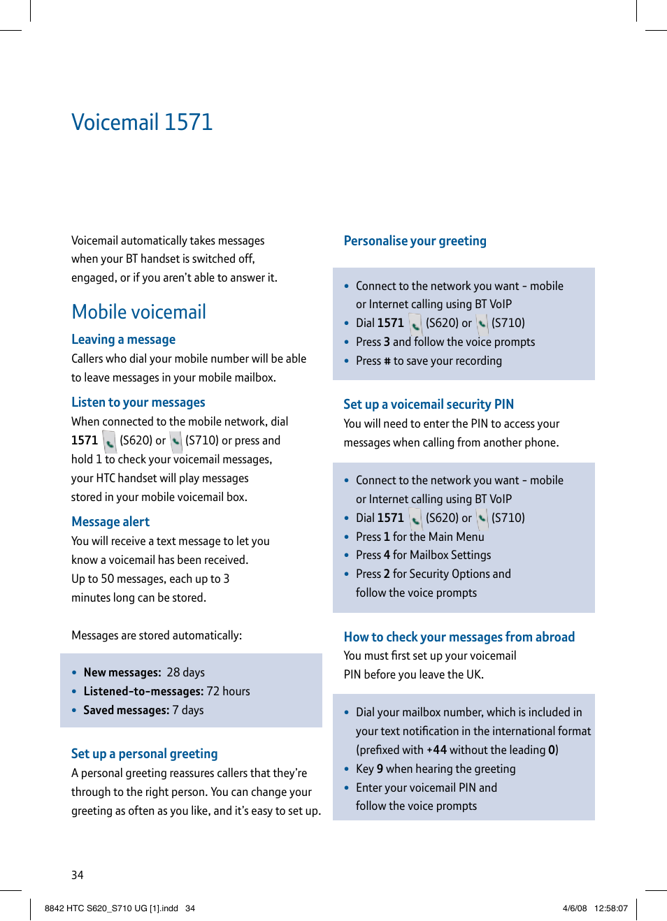 Voicemail 1571, Mobile voicemail | BT HTC S710 User Manual | Page 34 / 48