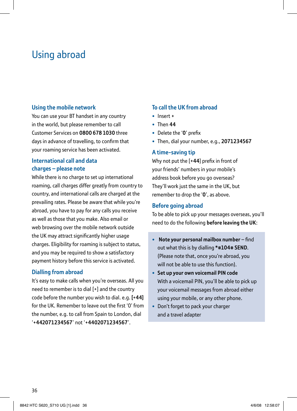 Using abroad | BT HTC S710 User Manual | Page 36 / 48