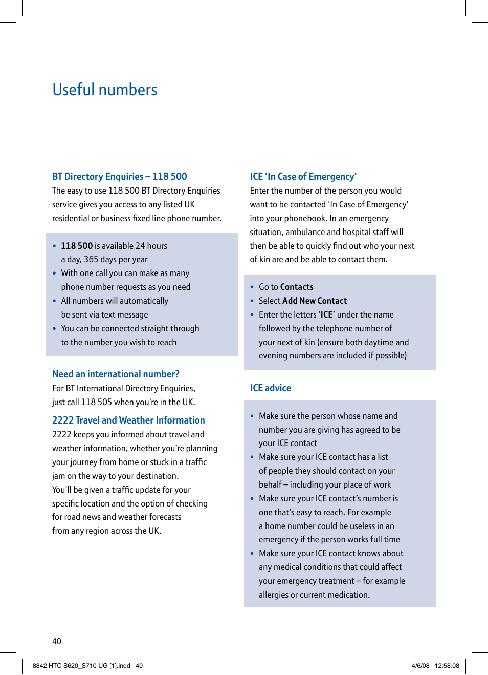 Useful numbers | BT HTC S710 User Manual | Page 40 / 48