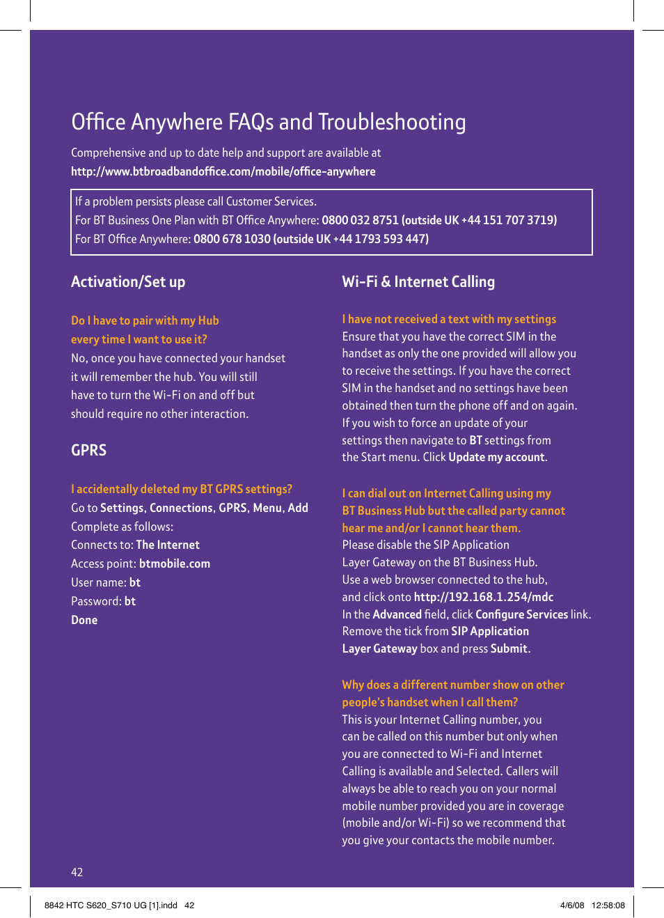 Office anywhere faqs and troubleshooting, Activation/set up, Gprs | Wi-fi & internet calling | BT HTC S710 User Manual | Page 42 / 48