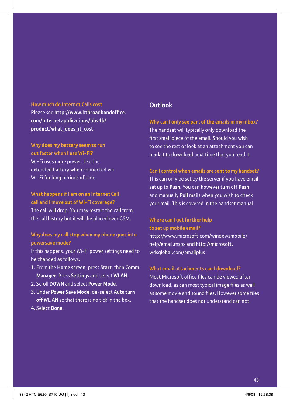 Outlook | BT HTC S710 User Manual | Page 43 / 48