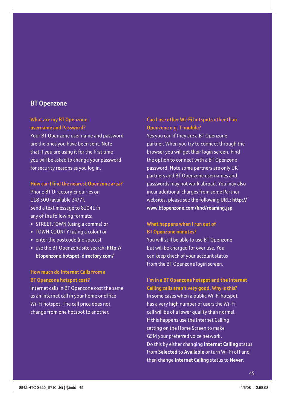 Bt openzone | BT HTC S710 User Manual | Page 45 / 48
