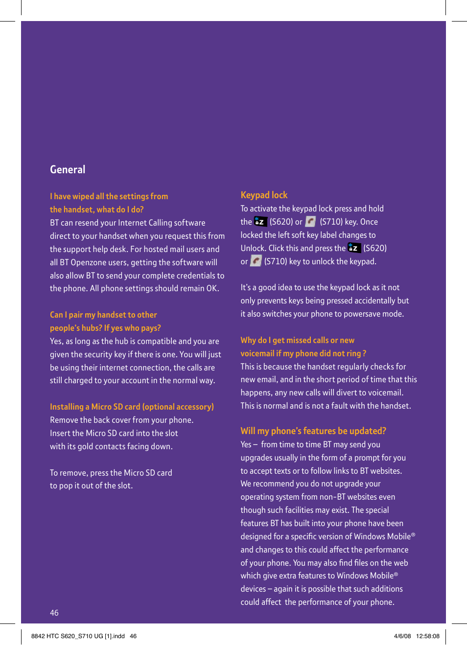 General | BT HTC S710 User Manual | Page 46 / 48