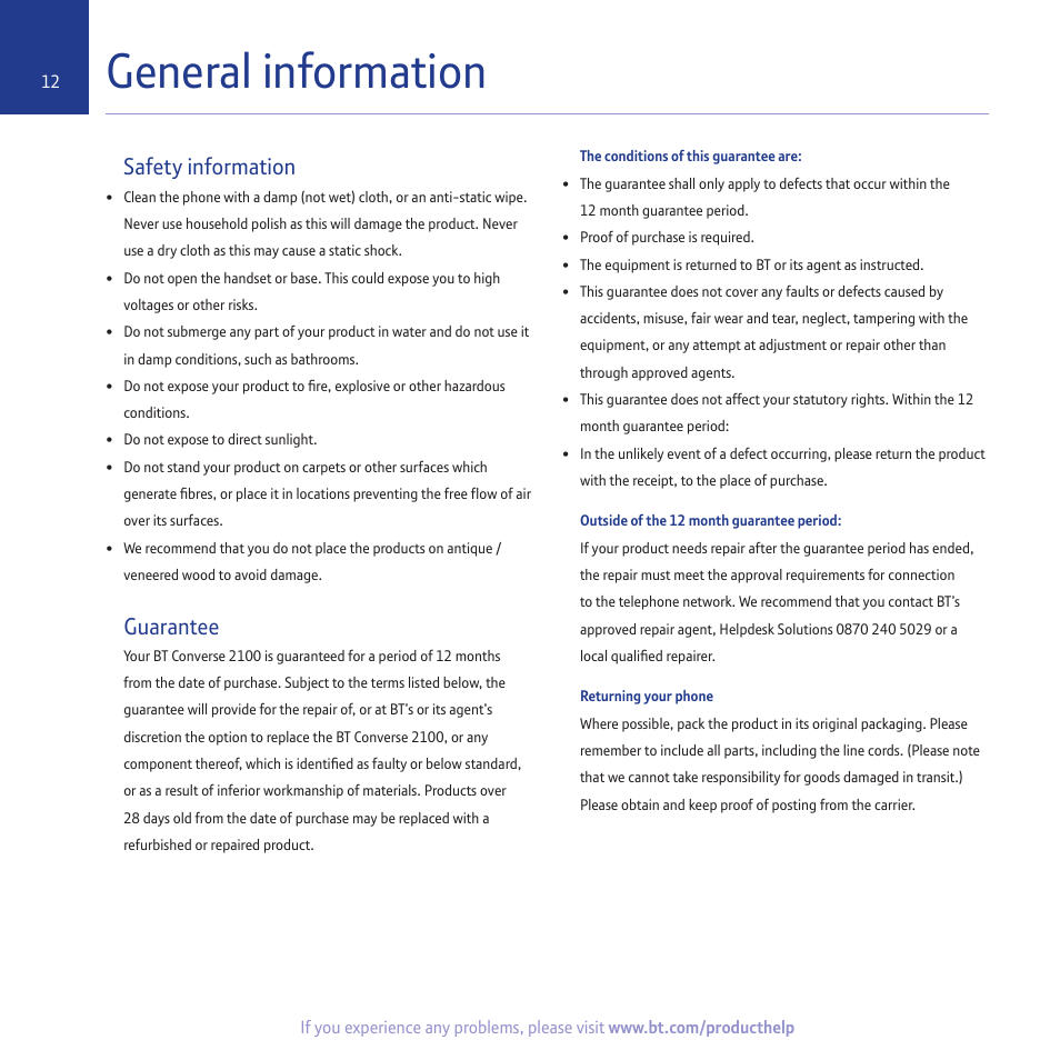 General information, Safety information, Guarantee | BT CONVERSE 2100 User Manual | Page 12 / 15
