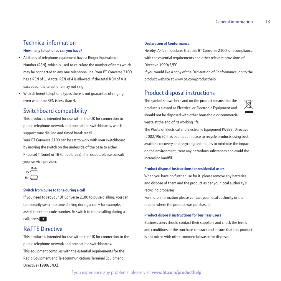 Technical information, Switchboard compatibility, R&tte directive | Product disposal instructions | BT CONVERSE 2100 User Manual | Page 13 / 15