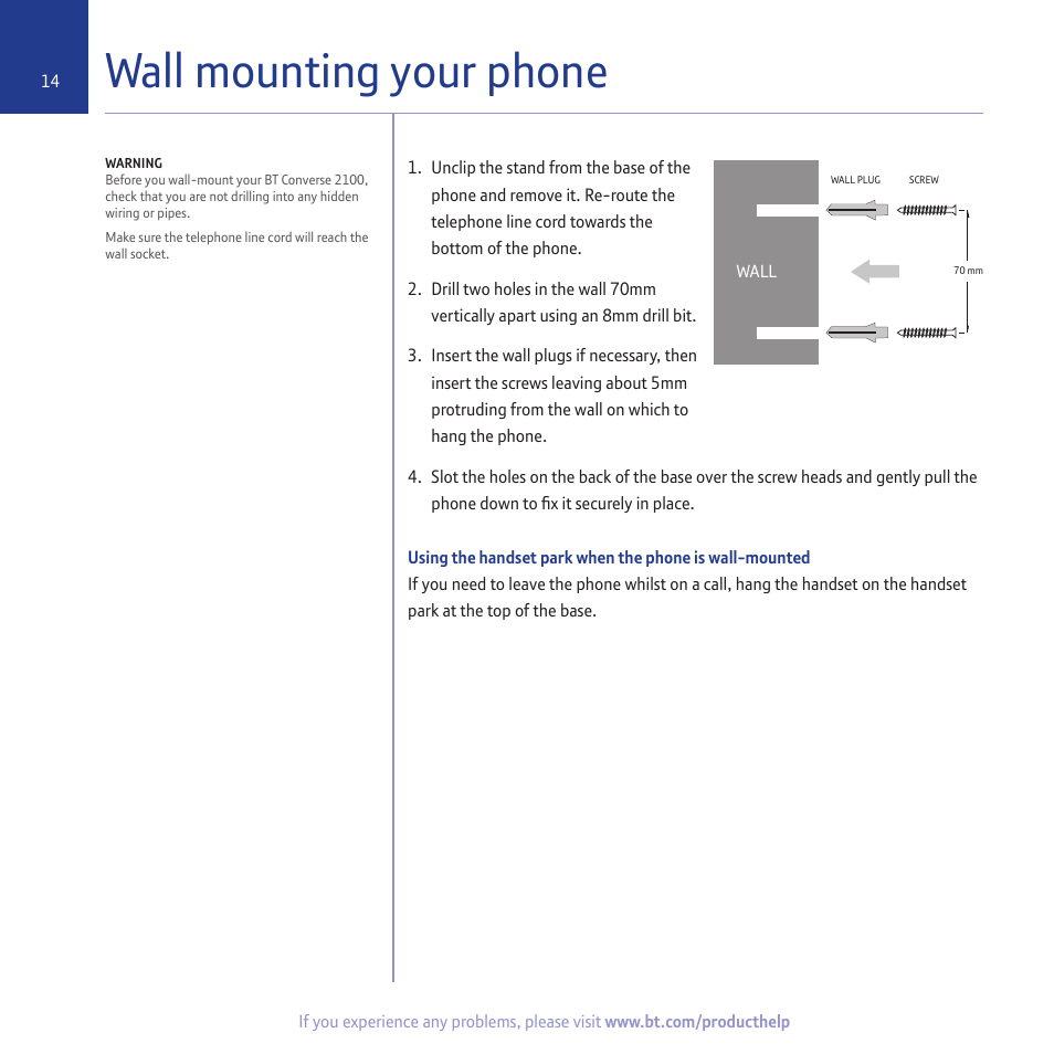 Wall mounting your phone | BT CONVERSE 2100 User Manual | Page 14 / 15