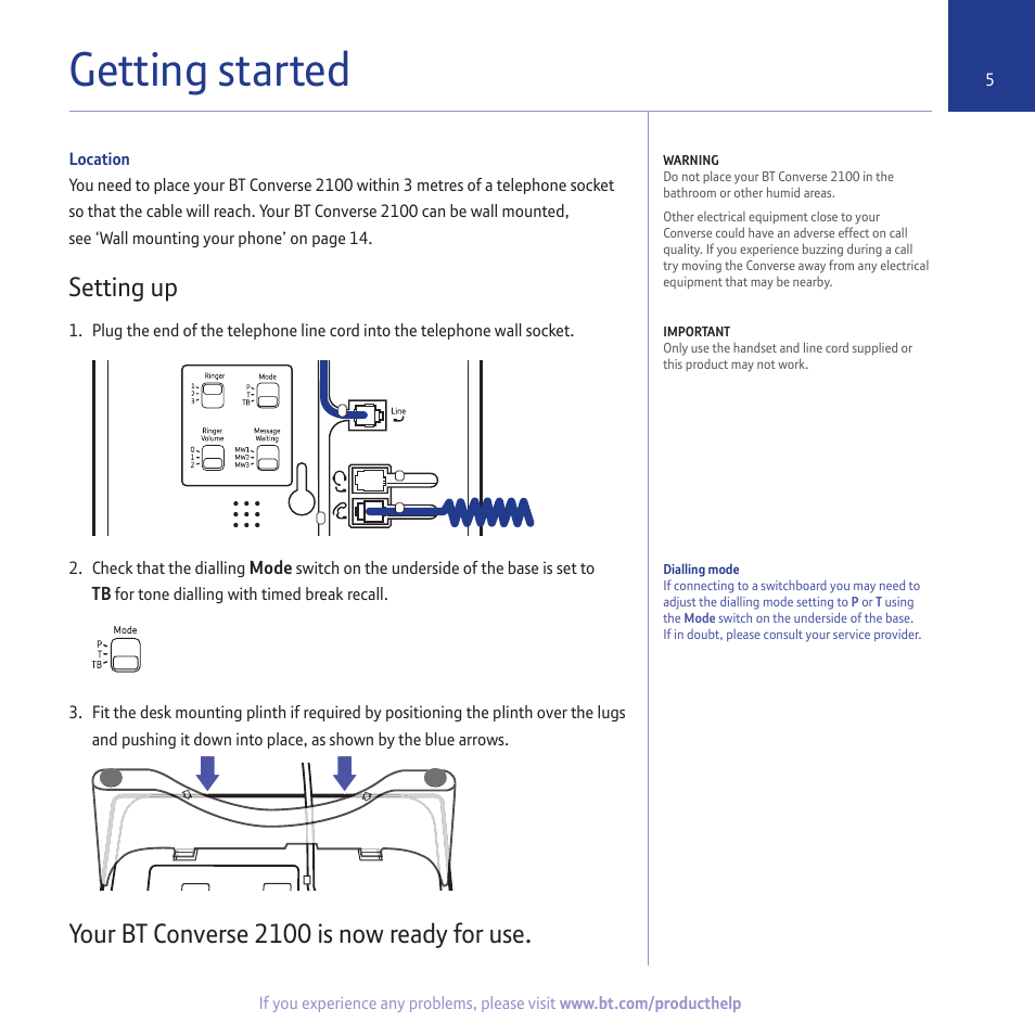 Getting started, Setting up, Your bt converse 2100 is now ready for use | BT CONVERSE 2100 User Manual | Page 5 / 15