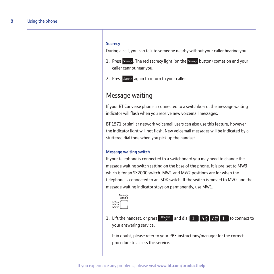 Message waiting | BT CONVERSE 2100 User Manual | Page 8 / 15