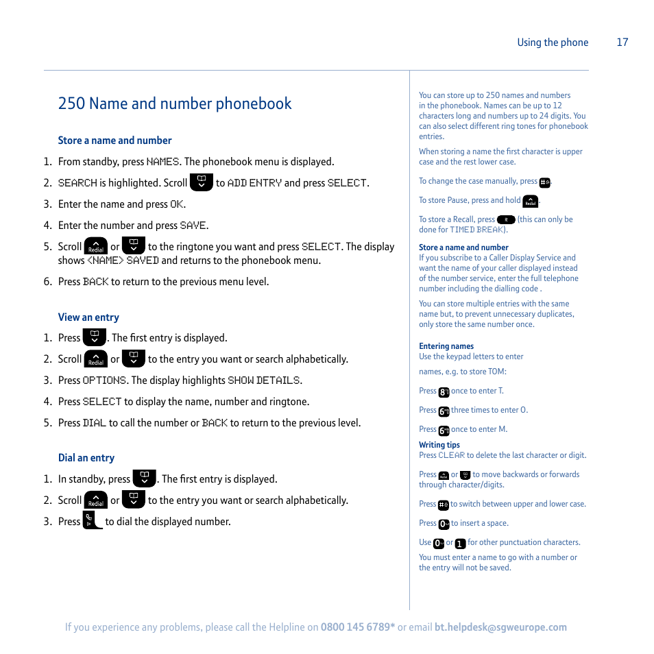 250 name and number phonebook | BT Synergy 5100 User Manual | Page 17 / 59