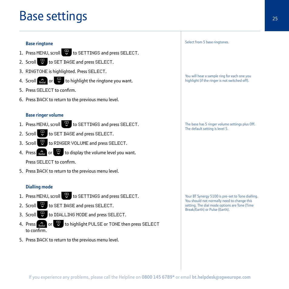Base settings | BT Synergy 5100 User Manual | Page 25 / 59