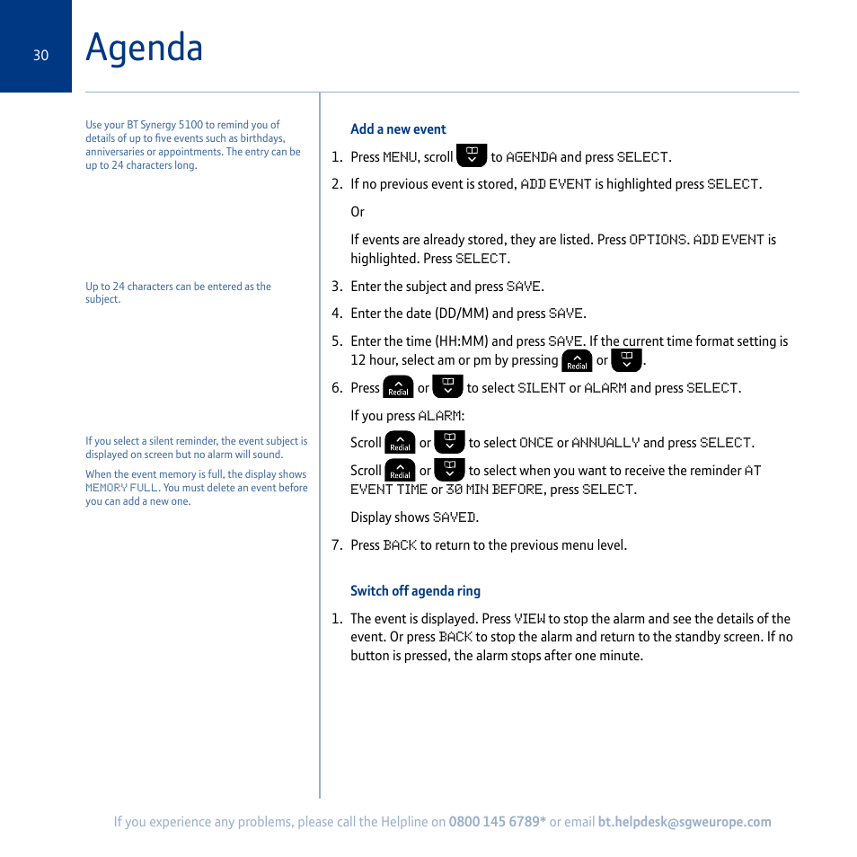 Agenda | BT Synergy 5100 User Manual | Page 30 / 59