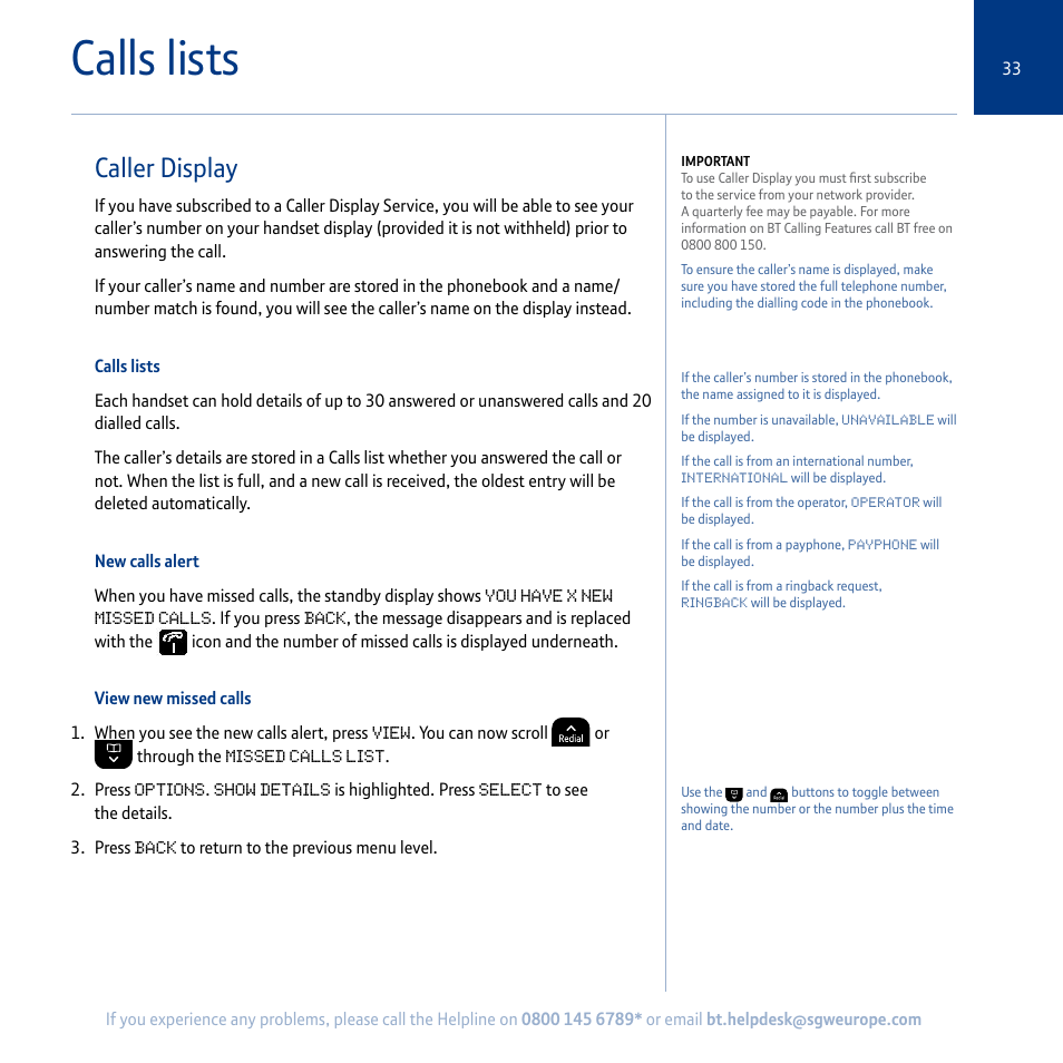 Calls lists, Caller display | BT Synergy 5100 User Manual | Page 33 / 59