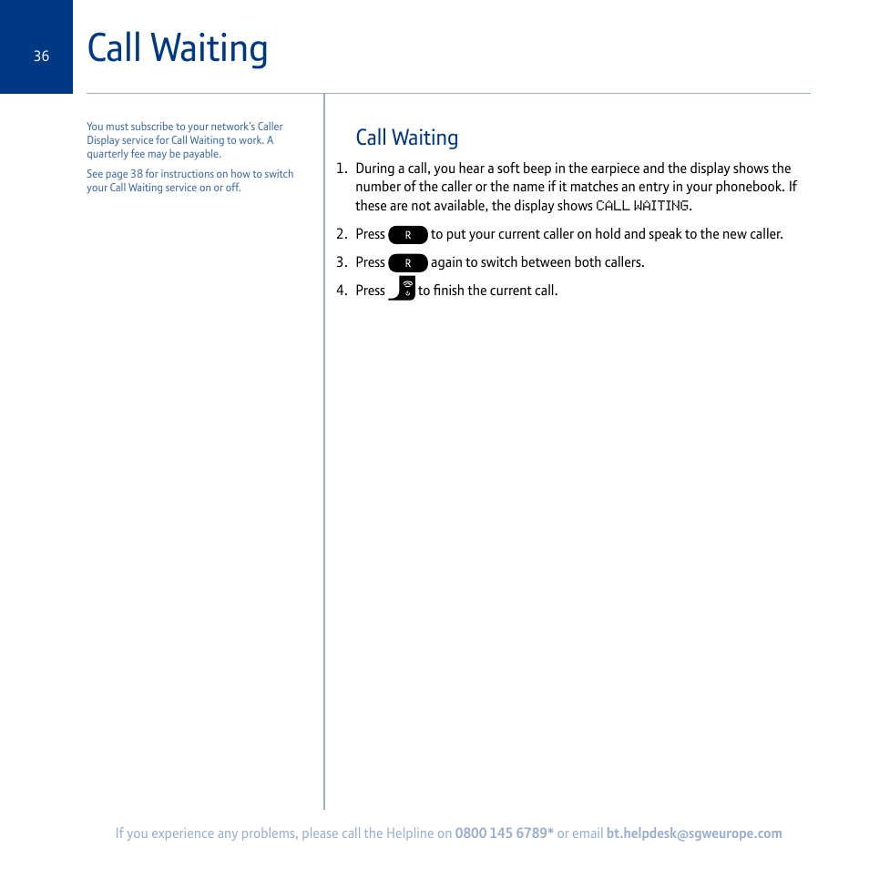 Call waiting | BT Synergy 5100 User Manual | Page 36 / 59