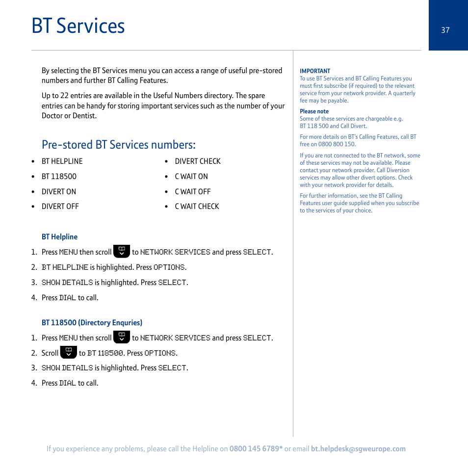 Bt services, Pre-stored bt services numbers | BT Synergy 5100 User Manual | Page 37 / 59