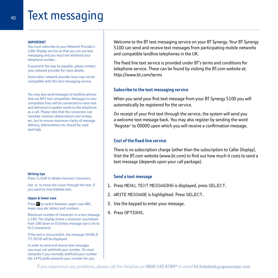 Text messaging | BT Synergy 5100 User Manual | Page 40 / 59