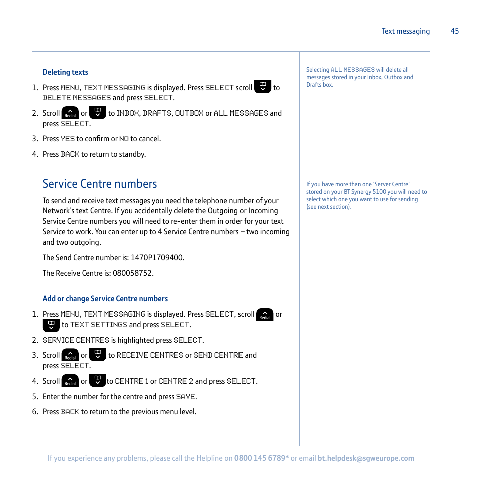Service centre numbers | BT Synergy 5100 User Manual | Page 45 / 59