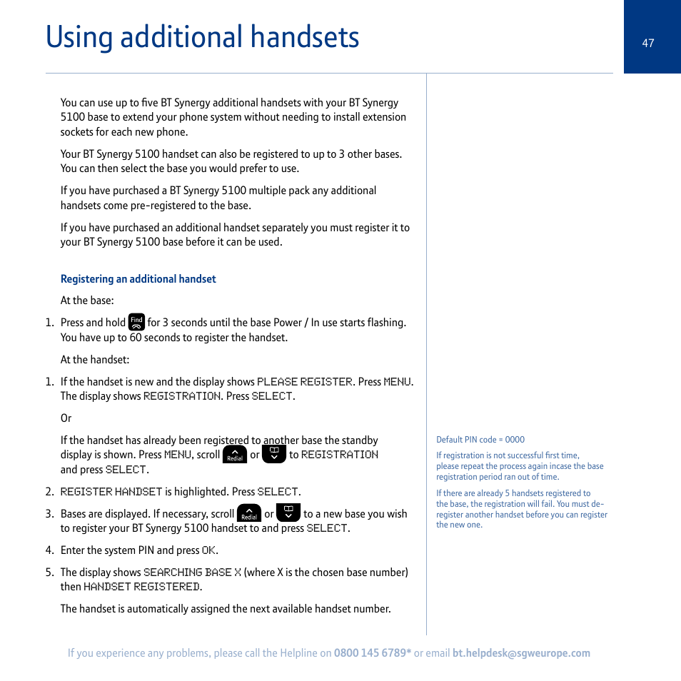 Using additional handsets | BT Synergy 5100 User Manual | Page 47 / 59