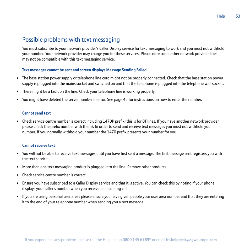 Possible problems with text messaging | BT Synergy 5100 User Manual | Page 53 / 59