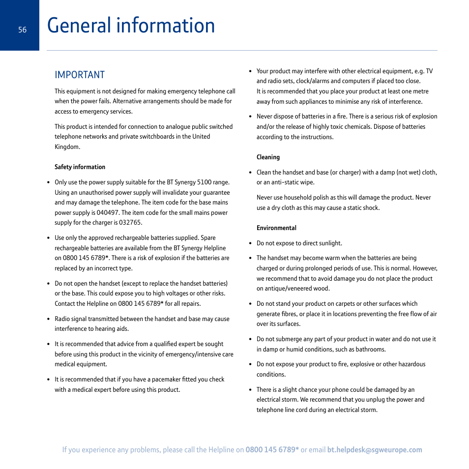 General information, Important | BT Synergy 5100 User Manual | Page 56 / 59
